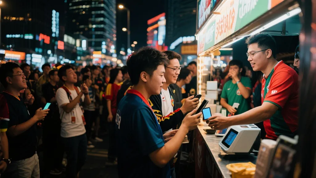 世界杯比赛城市夜景与球迷在街头使用手机支付的场景